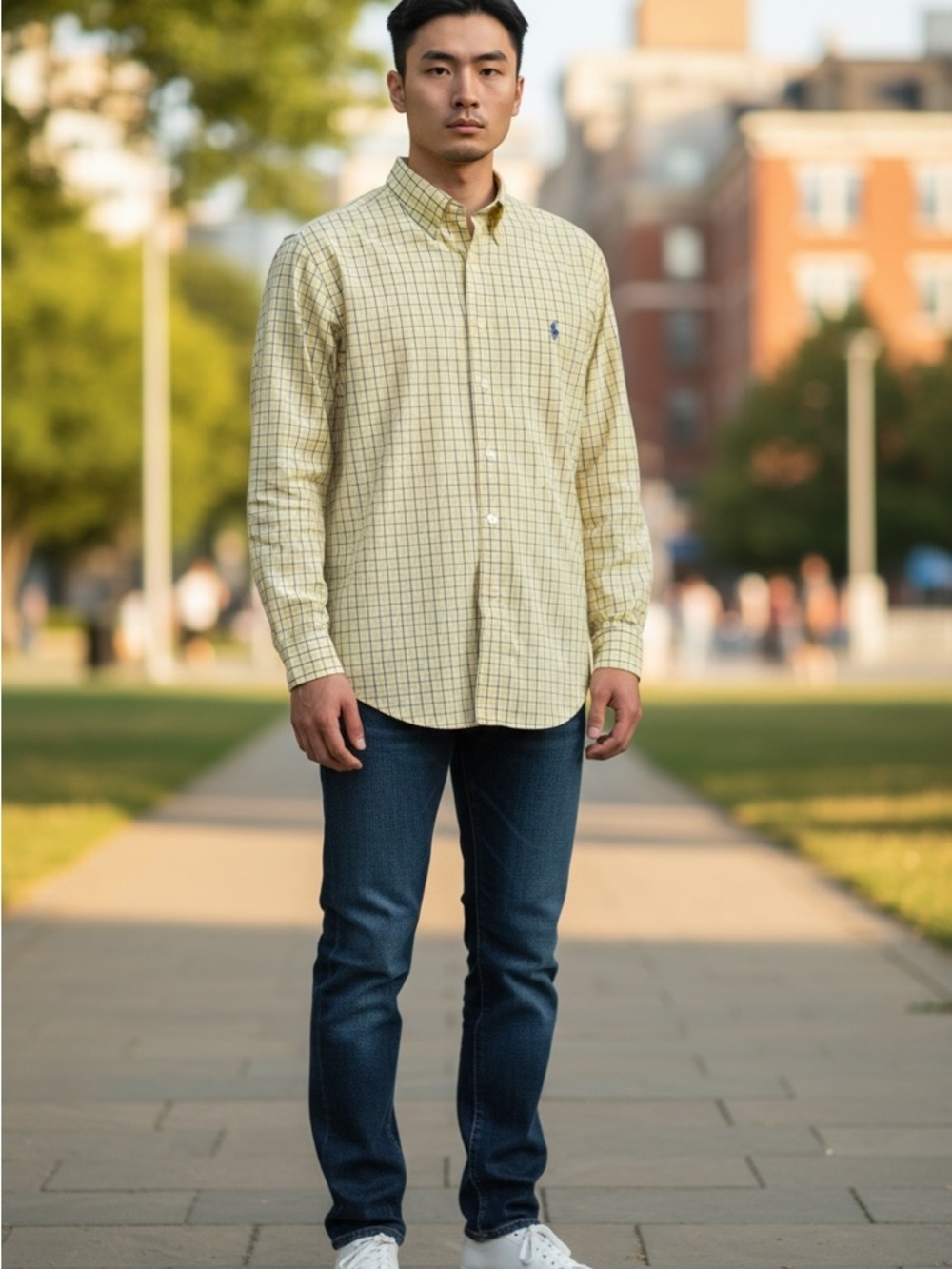 Polo Ralph Lauren Yarmouth Butter Yellow Blue Striped Button-Down Check Shirt